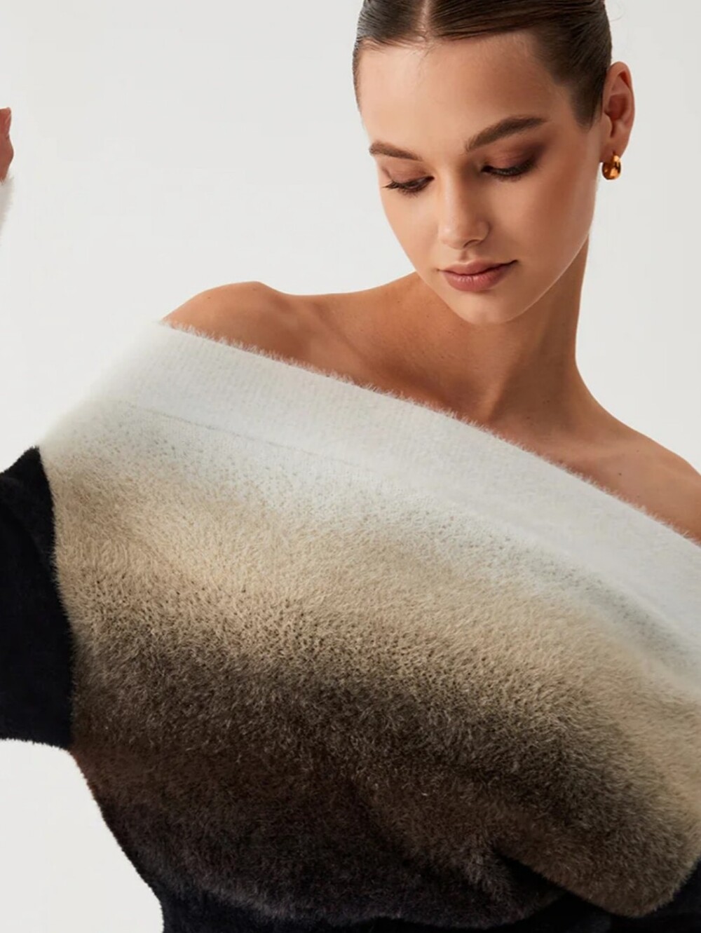 Commense Dawn Ombre Fuzzy Off Shoulder Crop Sweater